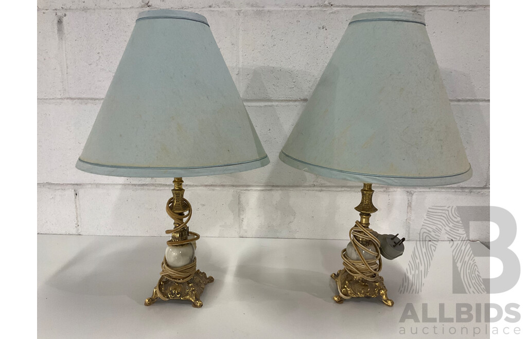 Onyx and Brass Table Lamp with Blue Shade - Set of 2