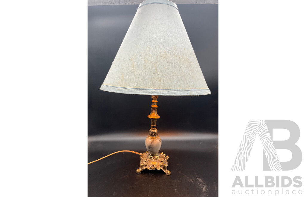 Onyx and Brass Table Lamp with Blue Shade - Set of 2