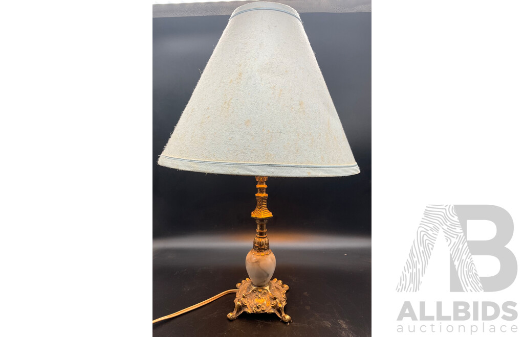 Onyx and Brass Table Lamp with Blue Shade - Set of 2