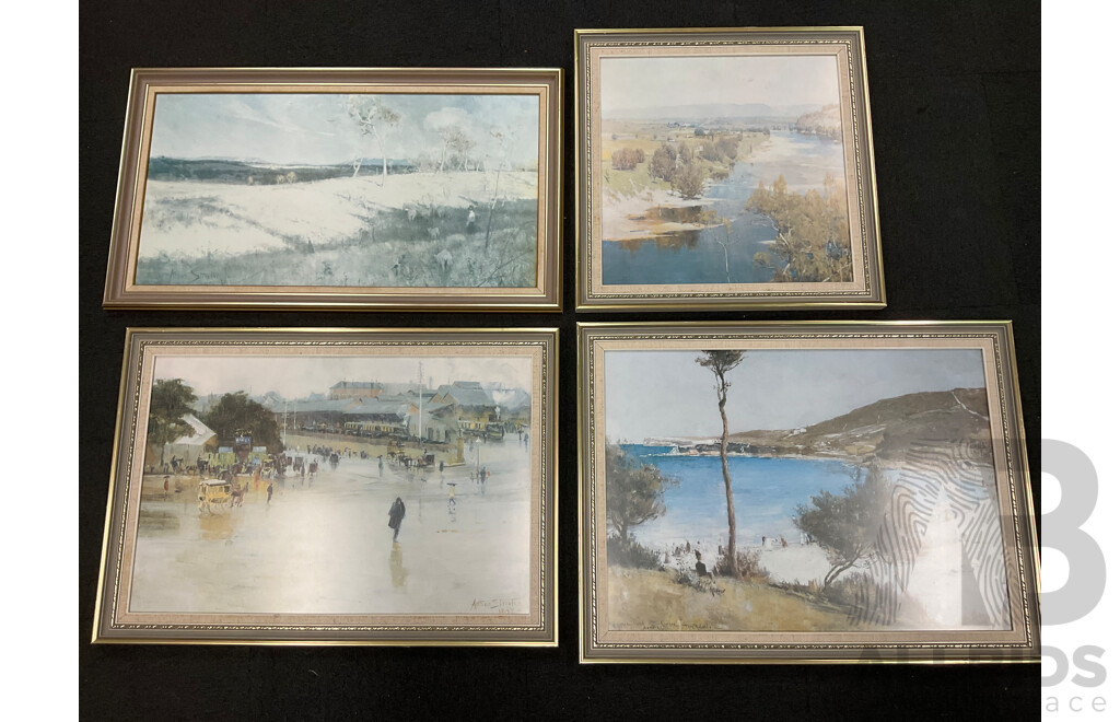 Framed Print “ Holiday Sketch at Coogee 1888“ by Tom Roberts, “The Railway Station, Redfern“, “The Purple Noon’s Transparent Night” and “Golden Summer, Eaglemont” by Arthur Streeton - Lot of 4