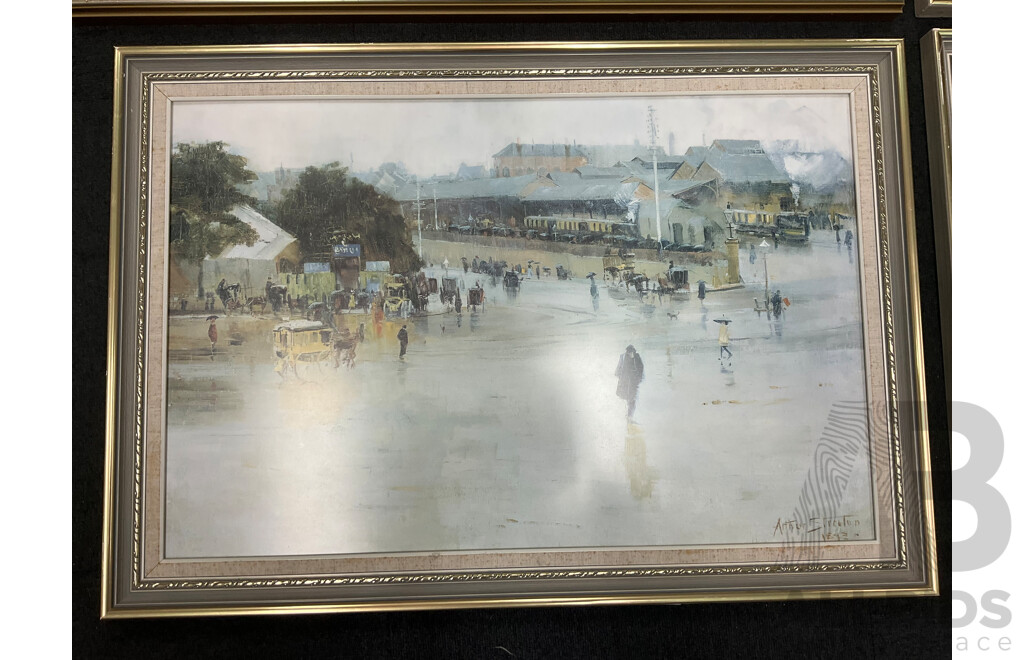 Framed Print “ Holiday Sketch at Coogee 1888“ by Tom Roberts, “The Railway Station, Redfern“, “The Purple Noon’s Transparent Night” and “Golden Summer, Eaglemont” by Arthur Streeton - Lot of 4
