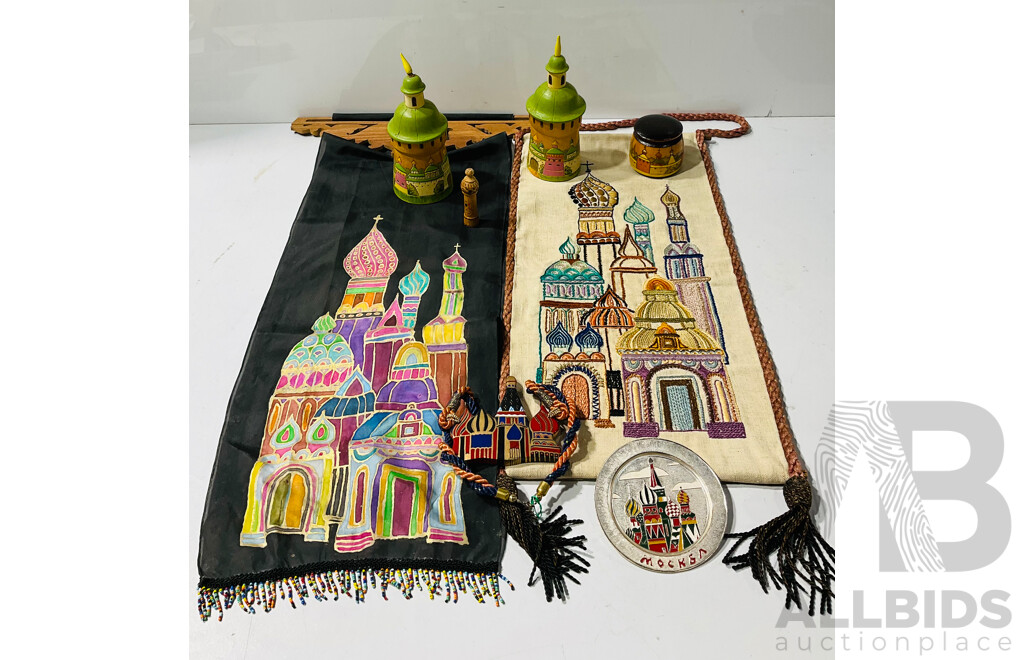Collection of Russian Themed Items Including Two Wall Hangings Depicting St. Basils Cathedral, Building Form Canister and More