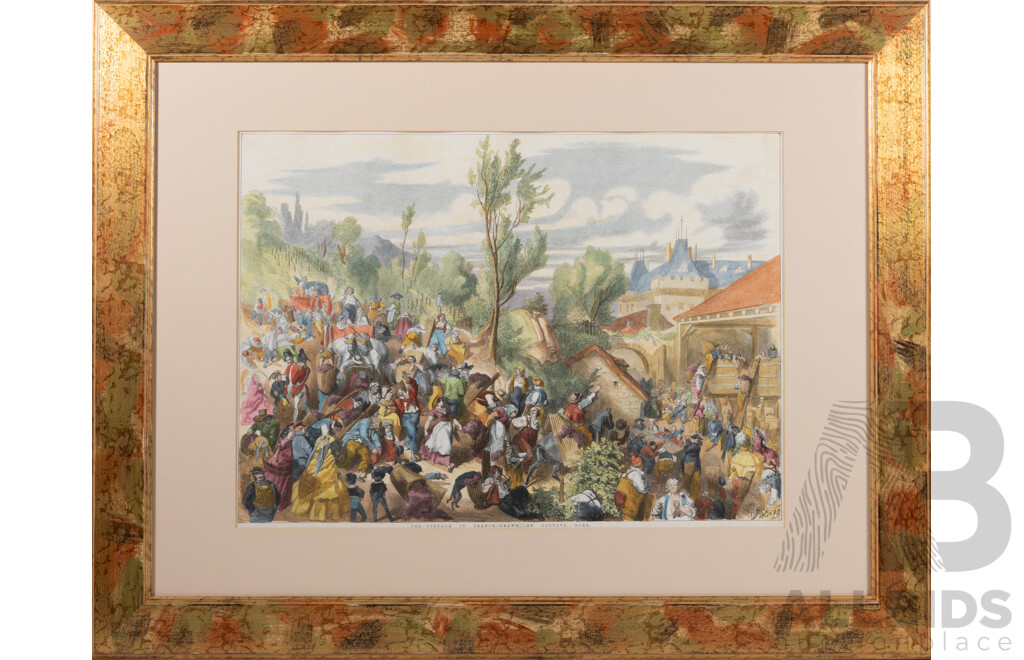 Paul Gustave Louis Christophe Doré (19th Century, French, 1832-1883), The Vintage in France, Antique Hand Coloured Steel Engraving, 60 x 78 cm (frame)