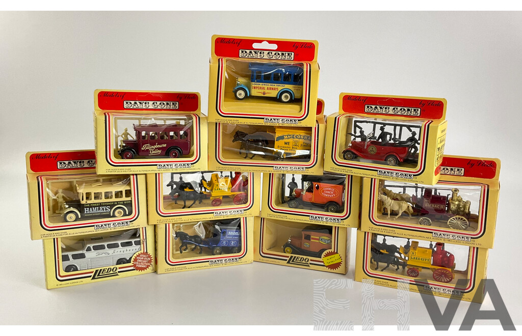 Collection of Lledo Days Gone Diecast Vehicles Including Trucks, Buses and Horse Drawn Carriages