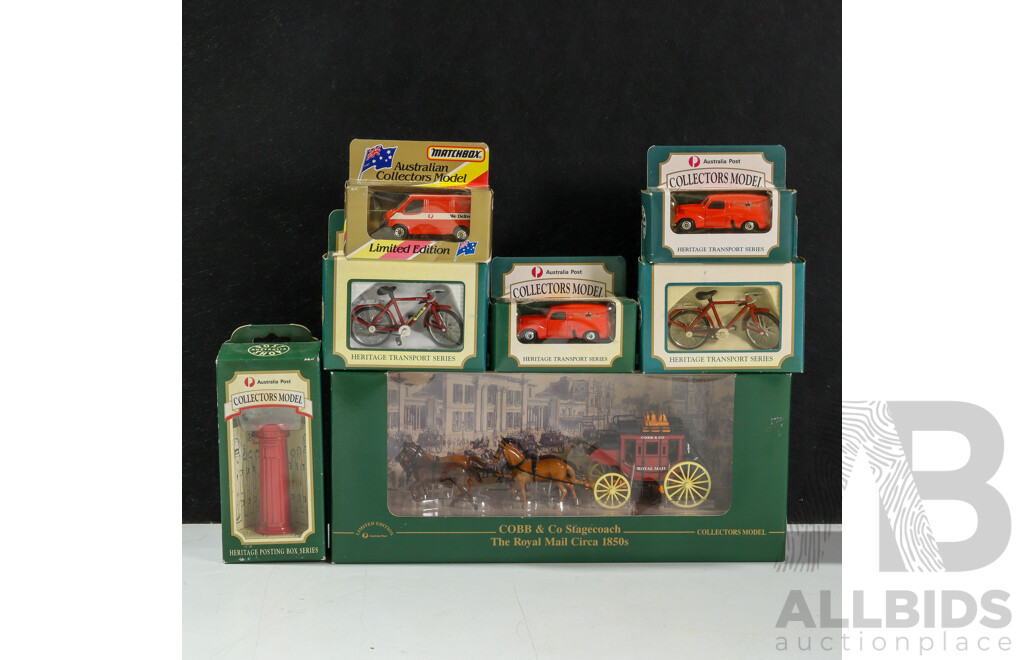 Collection of Boxed Diecast Postal Vehicles Including Cobb & Co, Vans, Bike