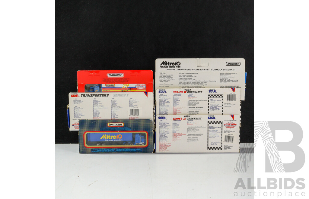 Six Matchbox Semi Trailer Trucks Including Mitre 10 Racing/Convoy, Hyde Tool Racing, Dixie Acing, Grand National