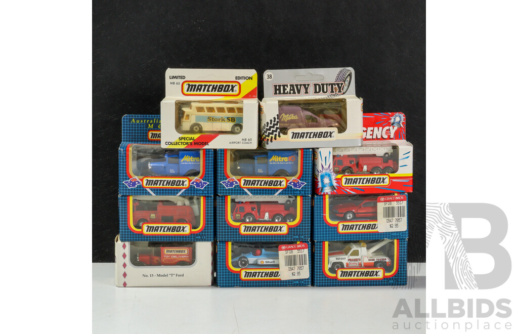 Collection of Vintage Matchbox Vehicles Including Trucks, Bus, Formula One