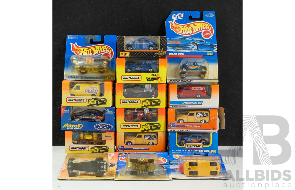 Collection of Vintage Matchbox, Hot Wheels and Maisto Vehicles Including Volkswagens, Race Cars, Delivery Trucks