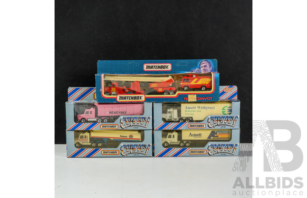 Collection of Vintage Matchbox Convoy Trucks Including Ansett, Amoco, Readymix, Fire Truck