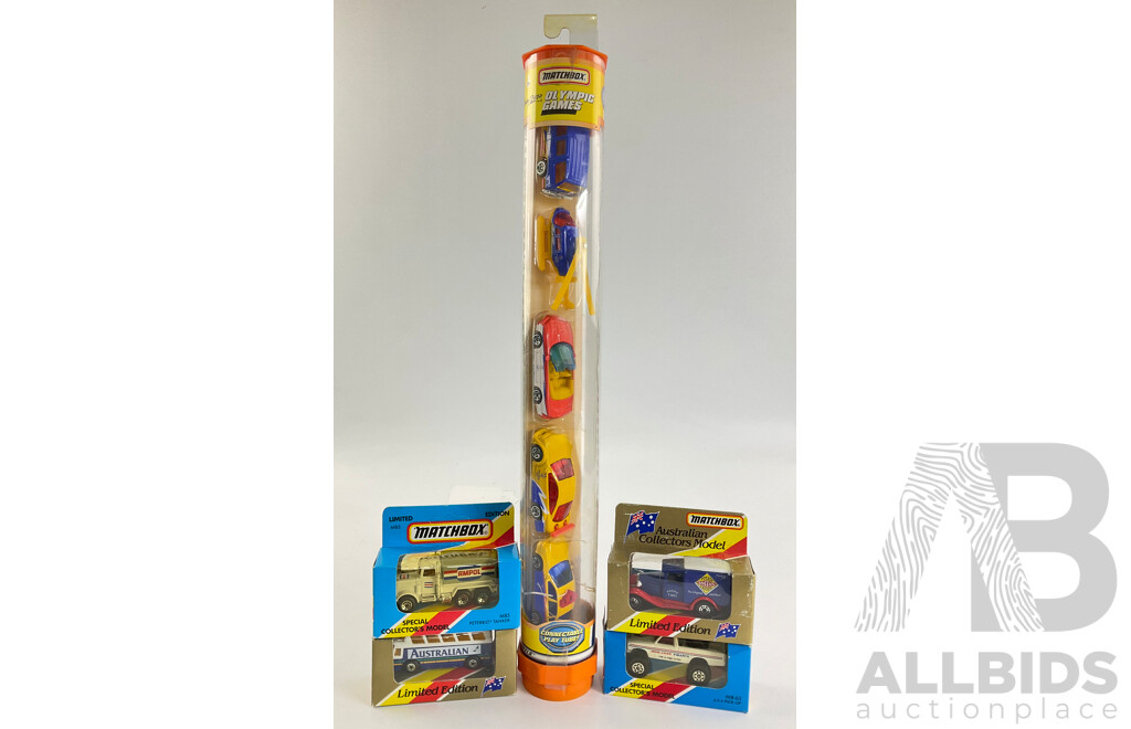 Matchbox Sydney 2000 Olympic Games Diecast Set with Collectors Model Bob Jane Pick Up, Ampol Tanker, Australian Airlines Bus, Smiths Chips Truck