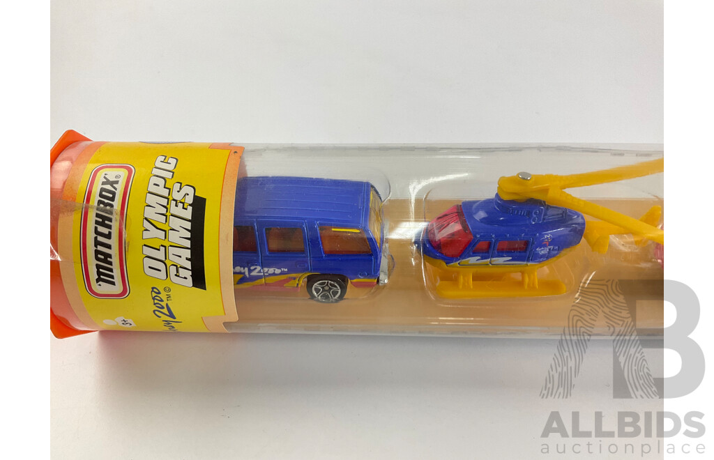 Matchbox Sydney 2000 Olympic Games Diecast Set with Collectors Model Bob Jane Pick Up, Ampol Tanker, Australian Airlines Bus, Smiths Chips Truck