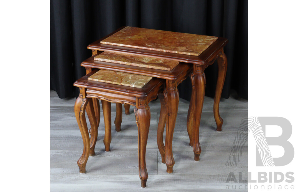 Nest of Three Timber Side Tables with Red Marble Tops