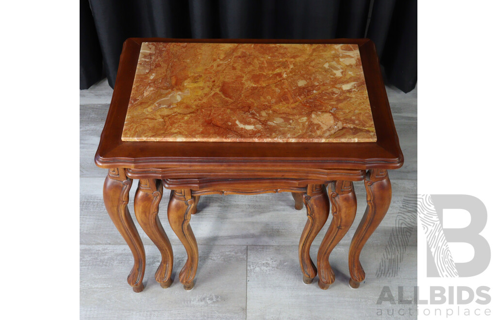 Nest of Three Timber Side Tables with Red Marble Tops