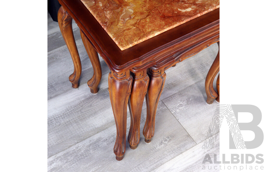 Nest of Three Timber Side Tables with Red Marble Tops