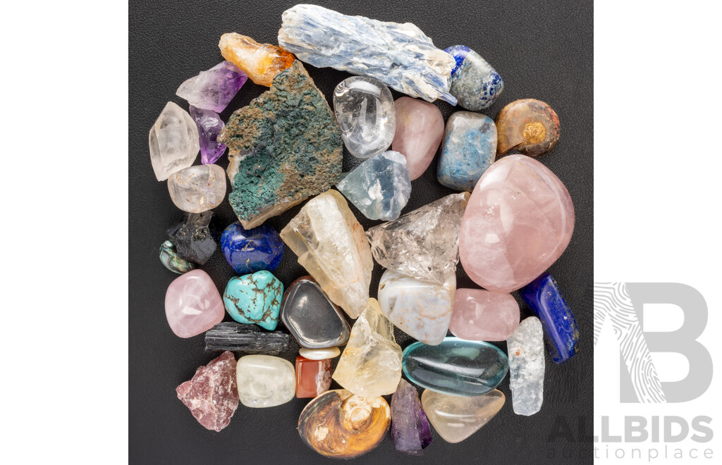 Collection of Polished and Rough Cut Natural Gemstones, Including Rose Quartz & Ammonite Fossil