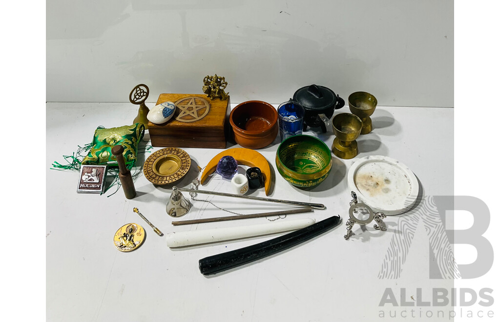 Collection New Age Ephemera and Other Items Including Candle Holders and More