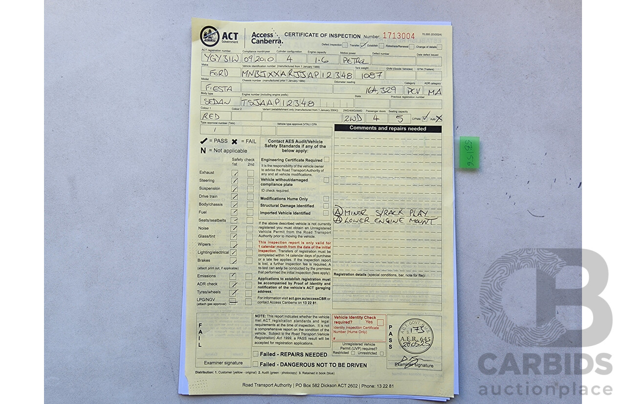 9/2010 Ford Fiesta CL WS 5d Hatchback Red 1.6L