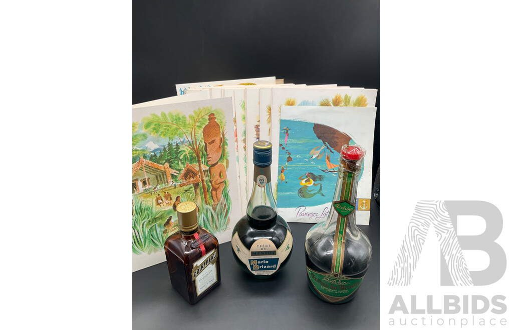 Collection of 1960's Matson Lines Cruise Ship Menus, Assorted Vintage Spirits - COINTREAU, MARIE BRIZARD and D'ARBON