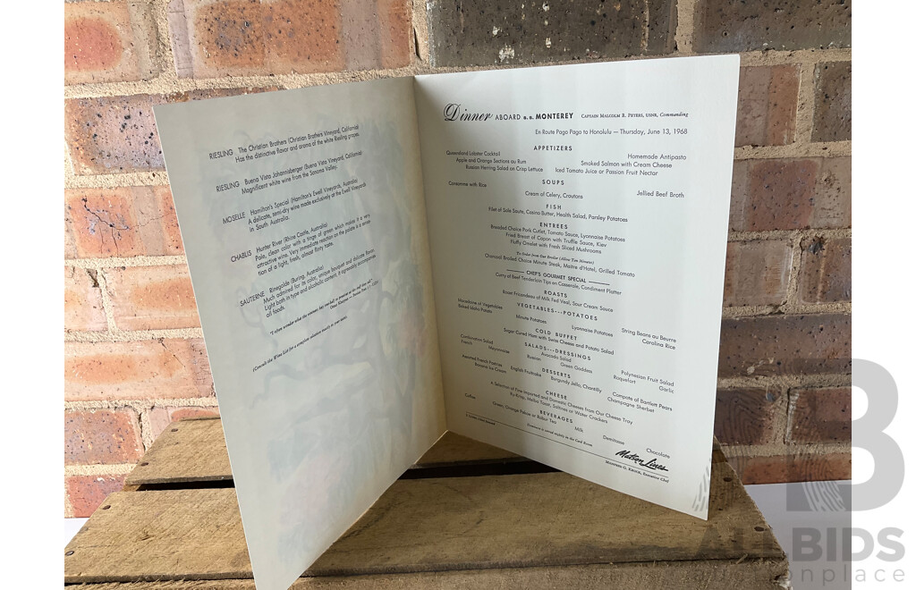 Collection of 1960's Matson Lines Cruise Ship Menus, Assorted Vintage Spirits - COINTREAU, MARIE BRIZARD and D'ARBON