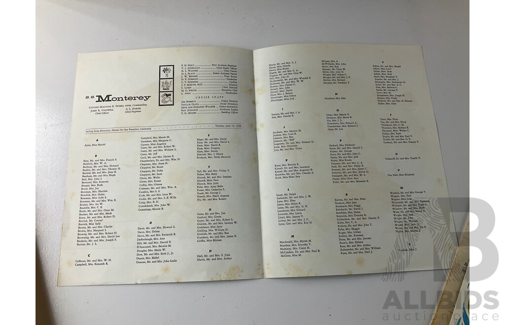 Collection of 1960's Matson Lines Cruise Ship Menus, Assorted Vintage Spirits - COINTREAU, MARIE BRIZARD and D'ARBON