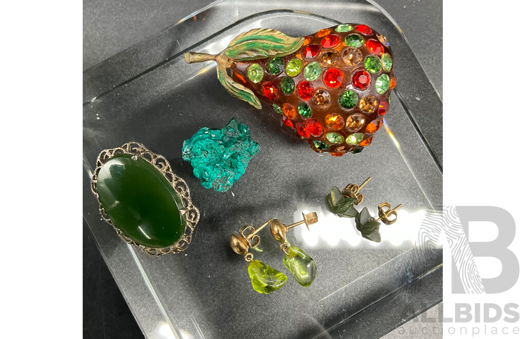 Vintage Forbidden Fruit Lucite Pear Enamel Rhinestone Pin Brooch, Sterling Silver Jadeite Brooch, Dioptase Crystal and Set of Earrings - Lot of 5