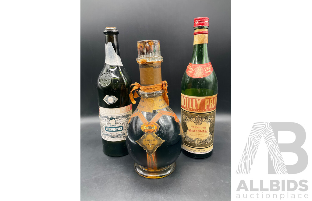 Assorted Vintage Spirits - GUILLAT Liqueurs - Four Comparment Bottle, Pernod Fils, Noilly Prat & Co Vermouoth  - Lot of 3