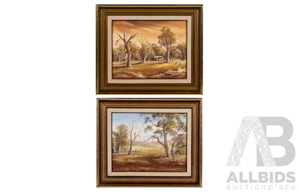 L. Madsen (20th Century, Australian), Blue Sky with Gums & Lone Shack, Lovely Pair of Original Vintage Oil on Canvas Panels, 30 x 34 cm (frames) (2)
