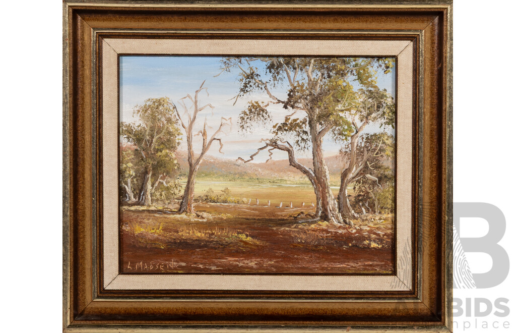 L. Madsen (20th Century, Australian), Blue Sky with Gums & Lone Shack, Lovely Pair of Original Vintage Oil on Canvas Panels, 30 x 34 cm (frames) (2)