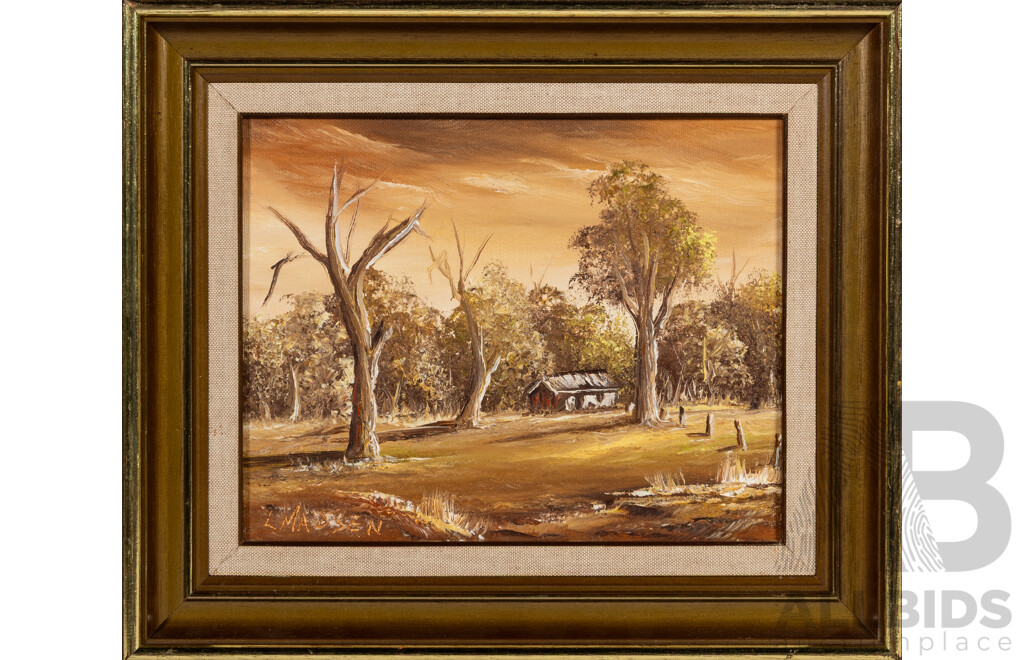 L. Madsen (20th Century, Australian), Blue Sky with Gums & Lone Shack, Lovely Pair of Original Vintage Oil on Canvas Panels, 30 x 34 cm (frames) (2)