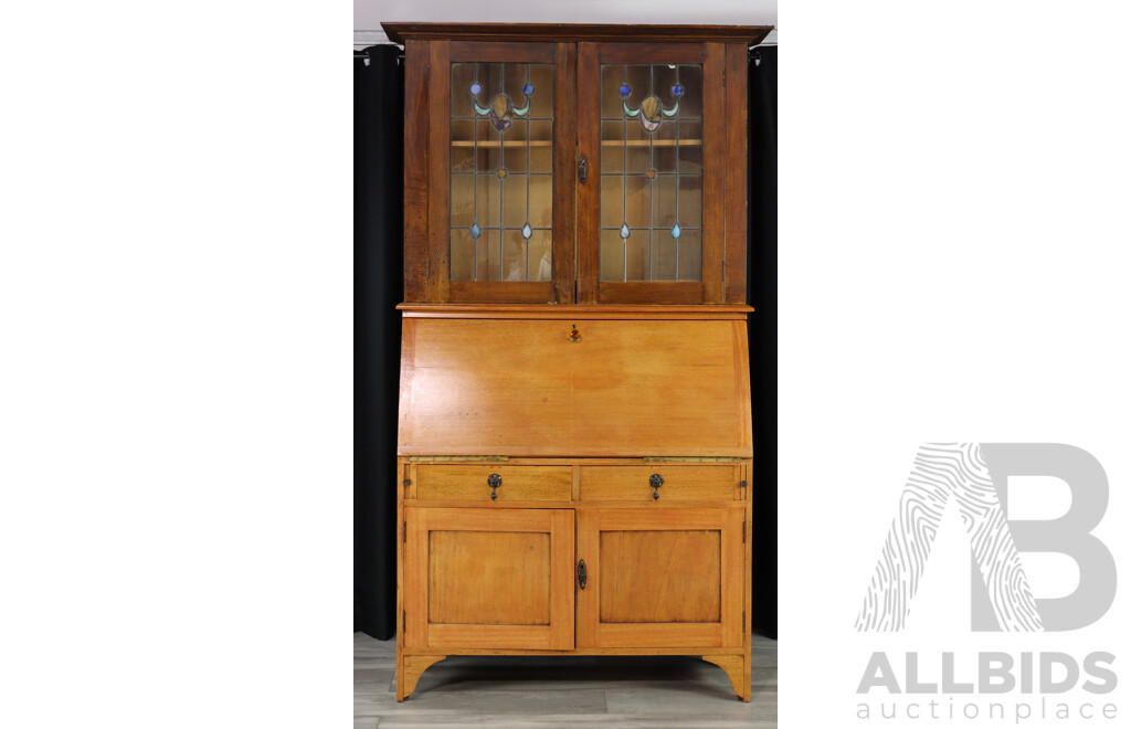 Oak Fall Front Bureau with Later Lead Light Top