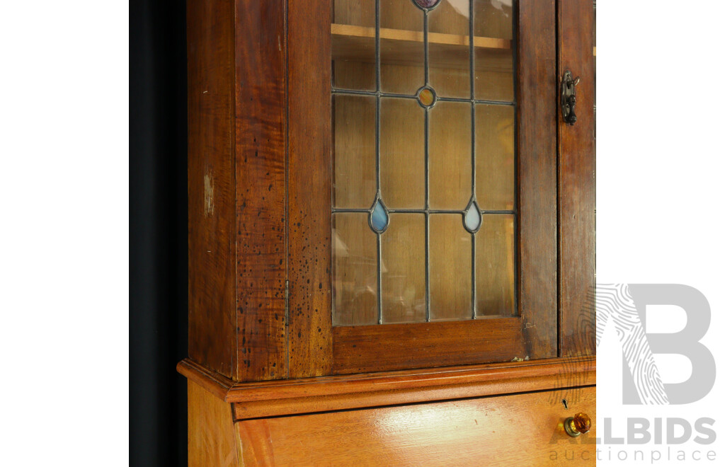 Oak Fall Front Bureau with Later Lead Light Top