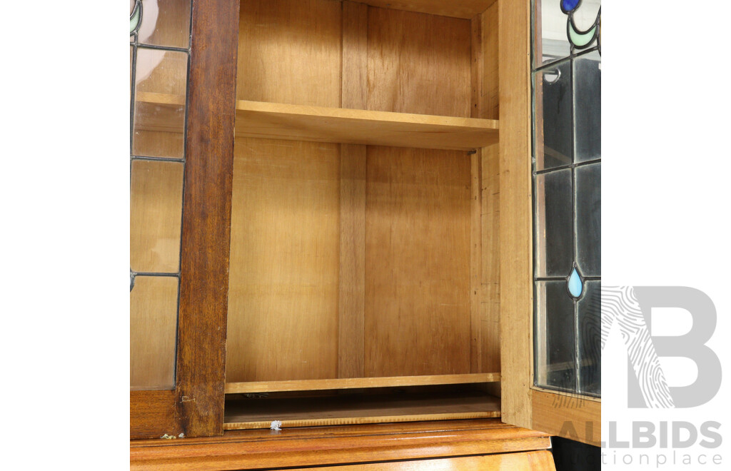 Oak Fall Front Bureau with Later Lead Light Top