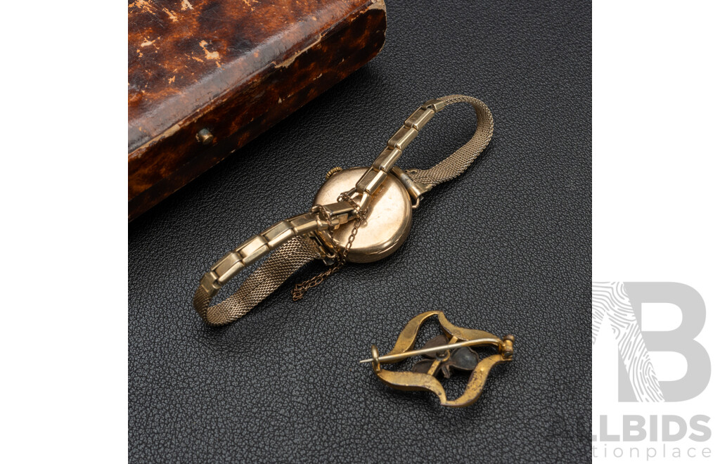 9ct Kendal & Dent London Antique Watch in Original Presentation Box with GF Enamel Vintage Clover Seed Pearl Brooch
