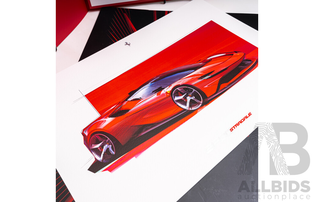Two Ferrari Sketch Prints on Card in Display Folders