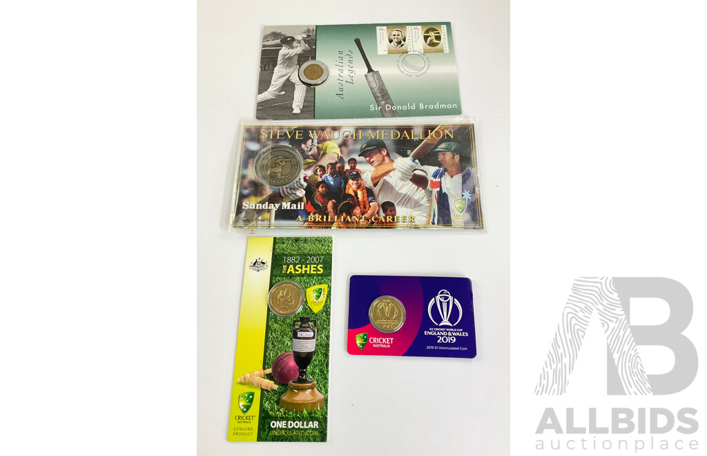 Australian 1997 Bradman $5 coin. Steve Waugh medallion, 2007 Ashes $1 coin, 2019 Cricket World Cup $1 coin.