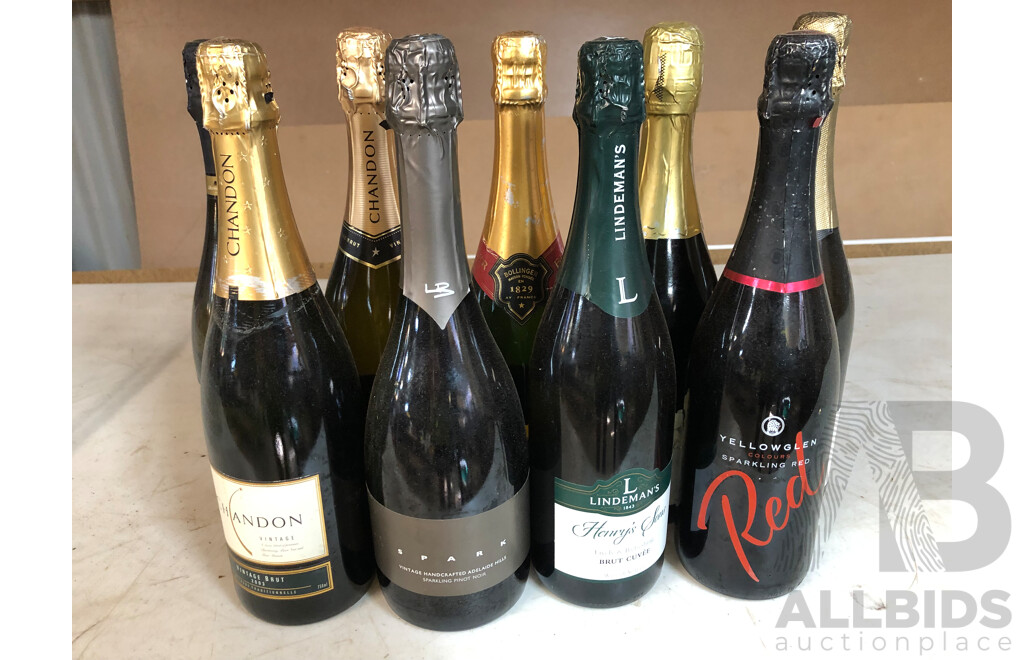 Nine Bottles of Sparkling White and Red Wines