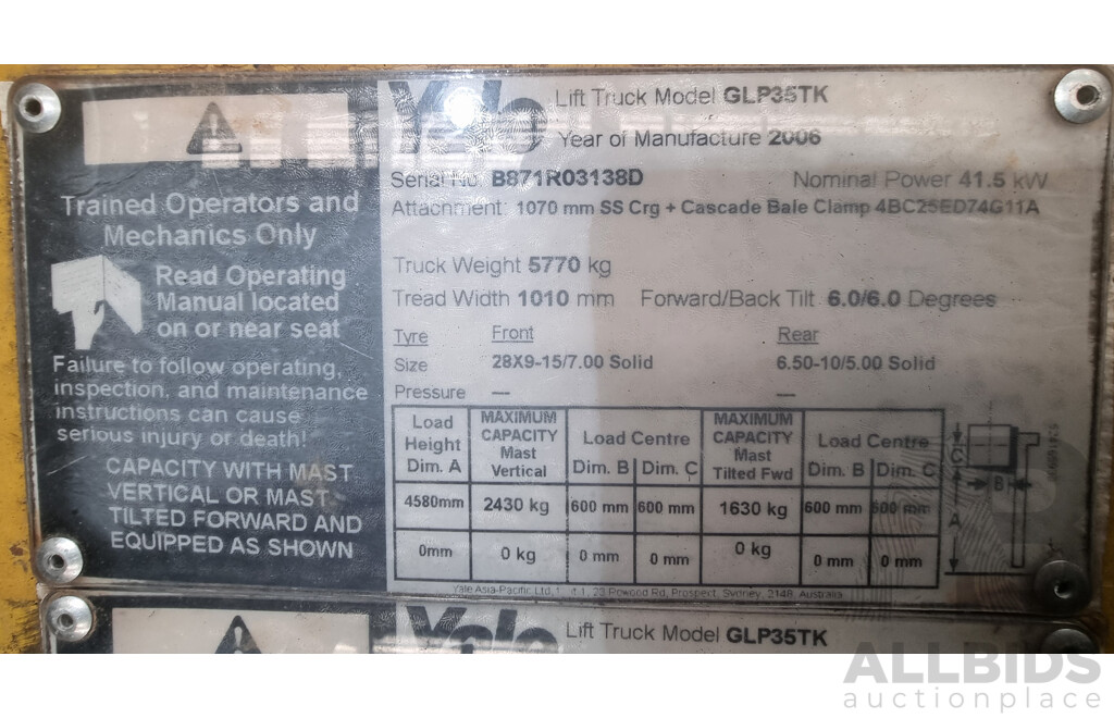 2006, 3.5 Tonne Yale GLP35TK LPG Forklift 4.5 FSV