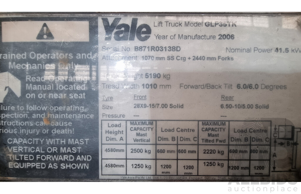 2006, 3.5 Tonne Yale GLP35TK LPG Forklift 4.5 FSV