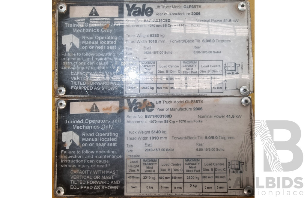 2006, 3.5 Tonne Yale GLP35TK LPG Forklift 4.5 FSV