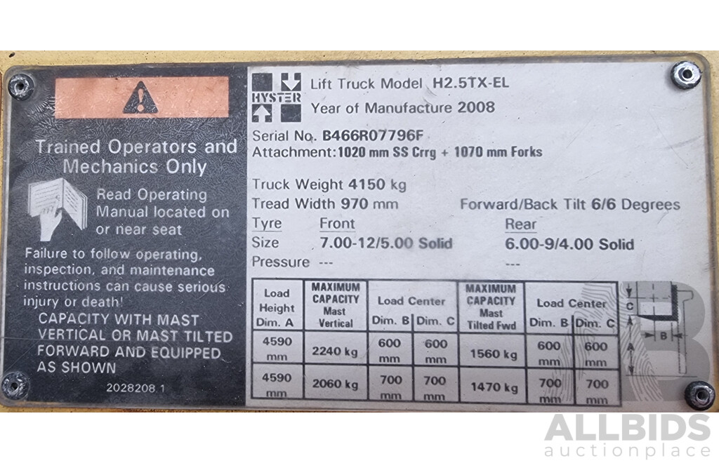 2008, Hyster H2.5TX-2LE 2.5 Tonne LPG Forklift 4.3m FSV - ALH514