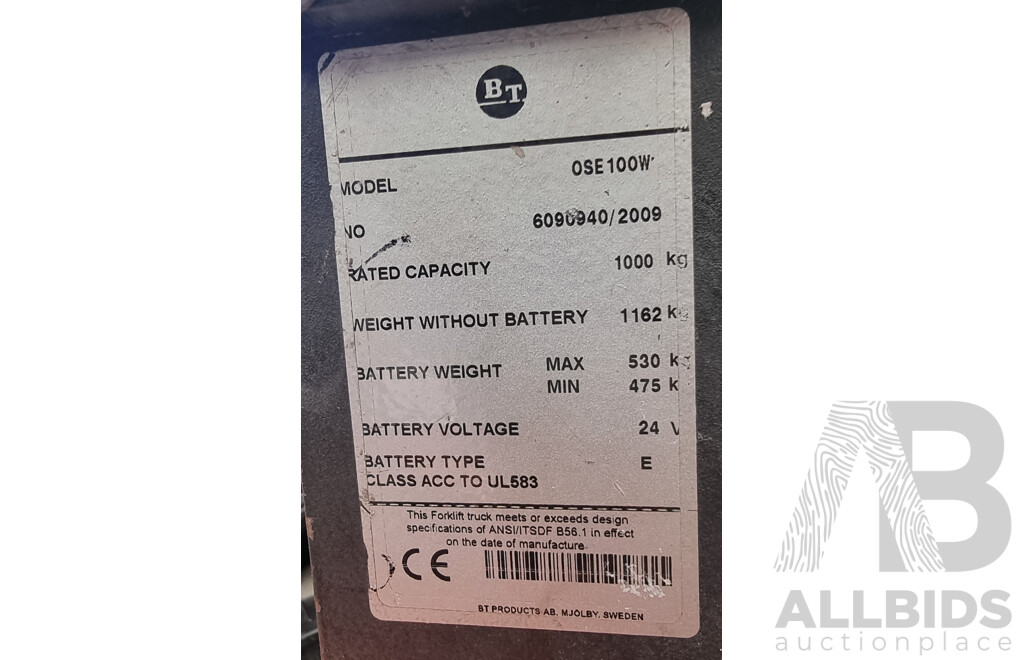 2009, 1.0 Tonne Electric Stock Picker BT - 1880mm OSE100W