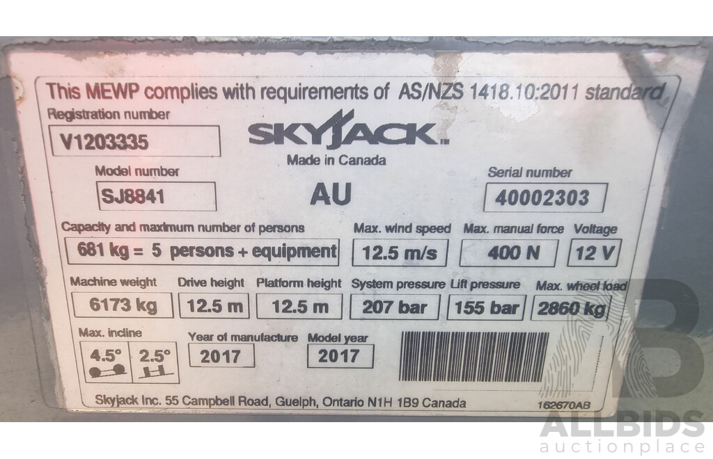 06/2017, 41ft Skyjack SJ8841 RT Diesel Scissor Lift - 12.5m FSV