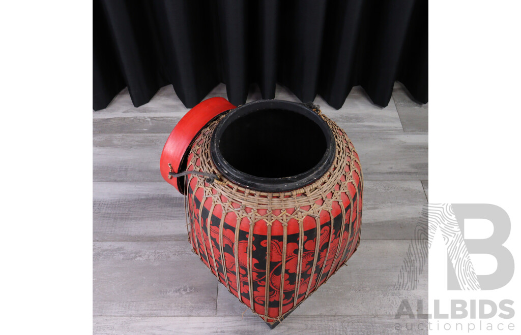 Chinese Large Hand Made and Decorated Wooden Lidded Rice Basket with Black and Red Foliate Theme