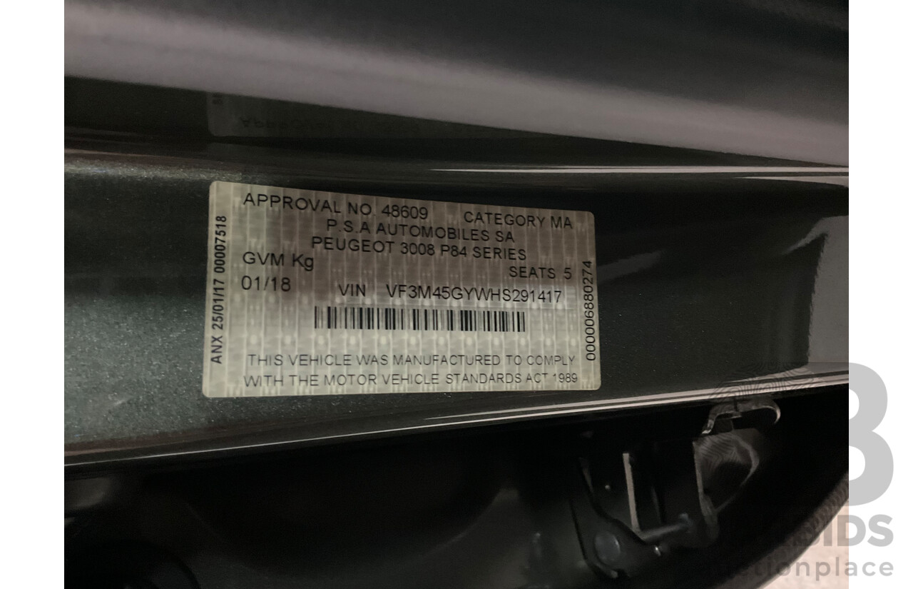 01/2018 Peugeot 3008 GT Line (FWD) P84 4d Wagon Amazonite Grey Metallic Turbo 1.6L