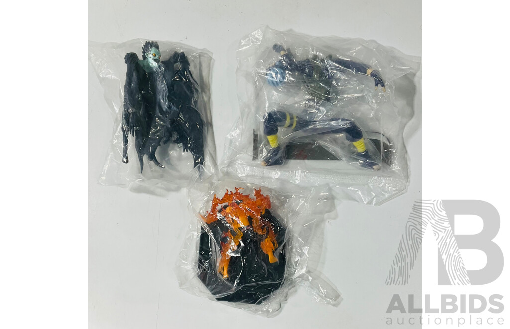 Collection of Three Figures From Different Anime Franchises Including Ryuk From Death Note, Portgas D. Ace From One Piece and Kakashi From Naruto