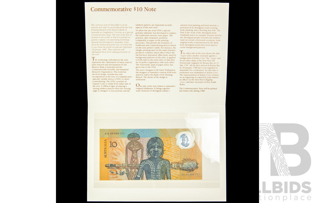 Australian 1988 Ten Dollar Note, Bicentennial Last Prefix with Overprint, AA 23069171