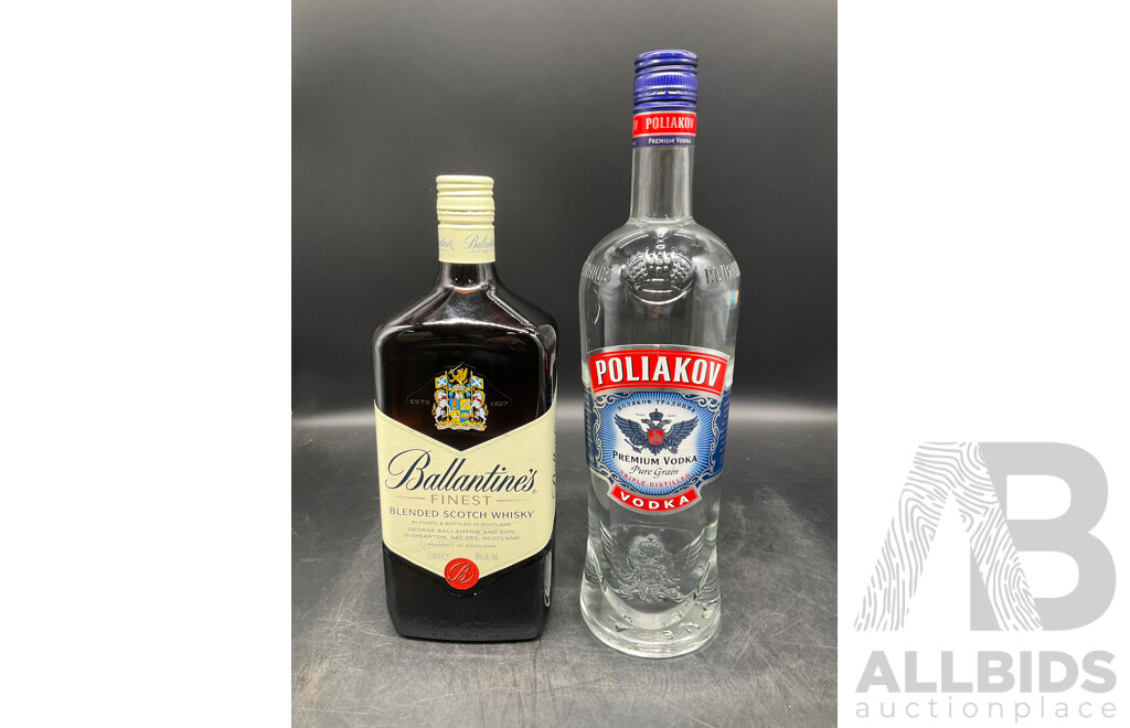 POLIAKOV Vodka 1L, BALLANTINES Whisky 1l - Lot of 2