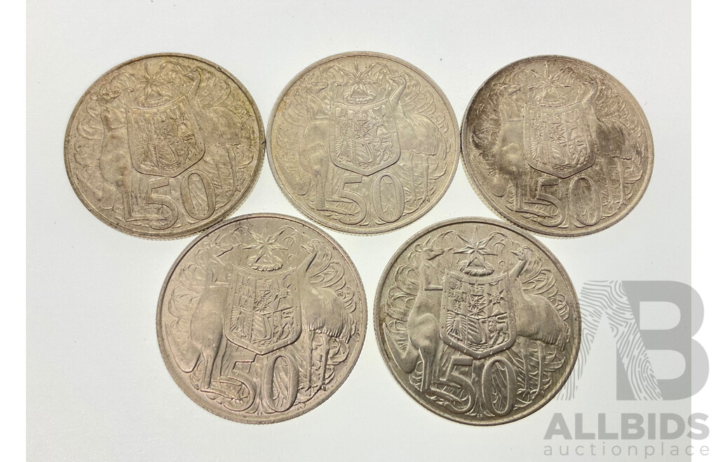 Five Australian 1966 Round Silver Fifty Cent Coins .800