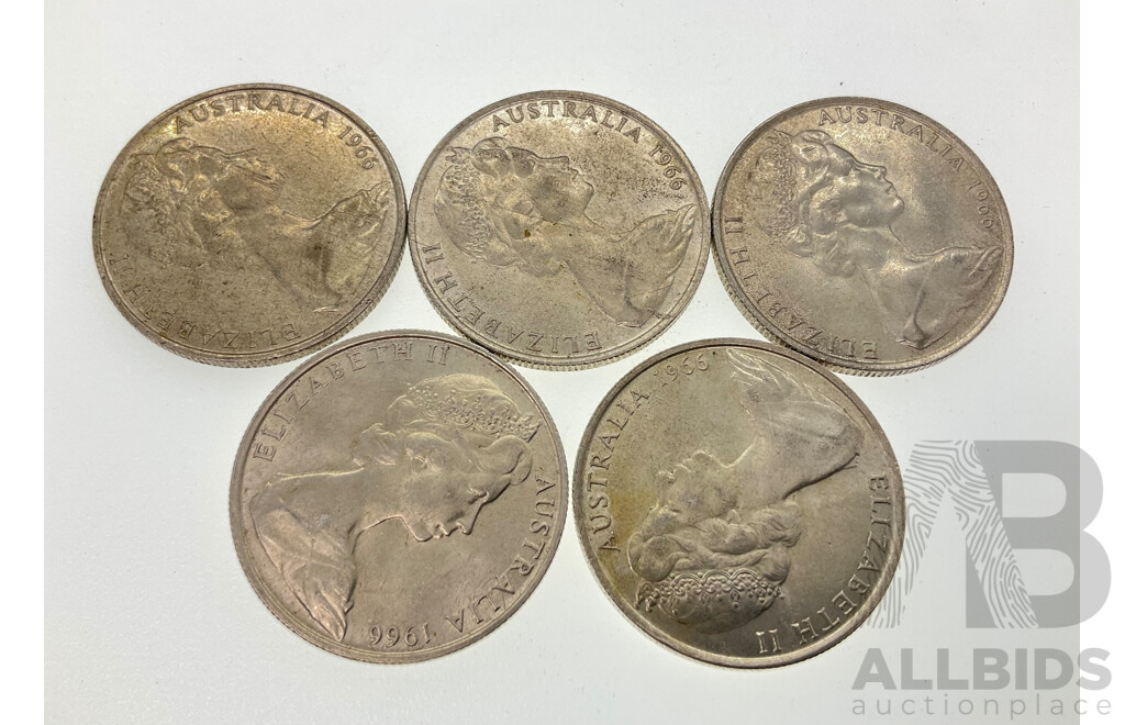 Five Australian 1966 Round Silver Fifty Cent Coins .800