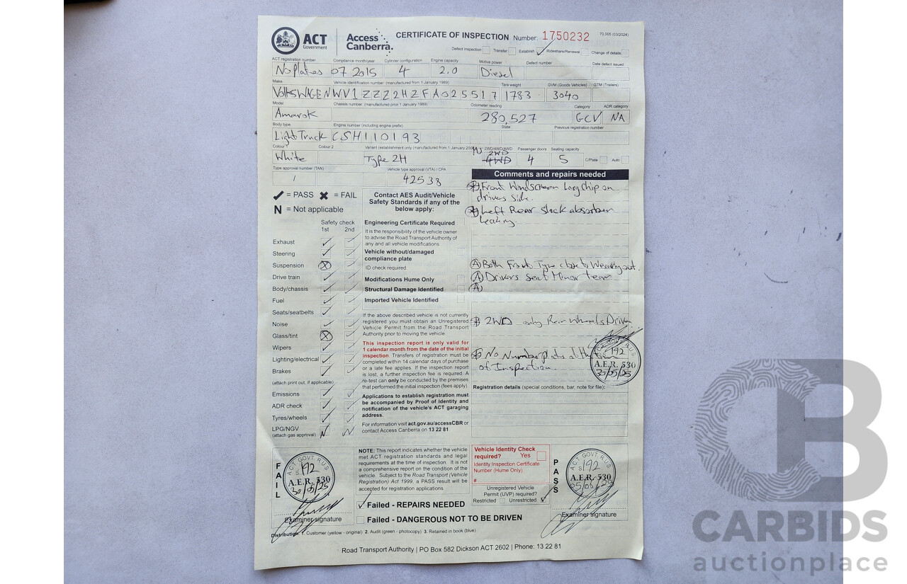 7/2015 Volkswagen Amarok Tdi420 (4x2) 2H MY15 Dual C/Chas White 2.0L